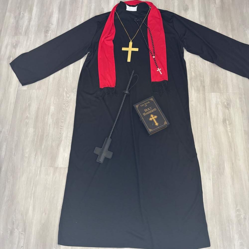 Mens Priest Costume Black Robe Red Stole Cross Rosary cross whip accessory Plus